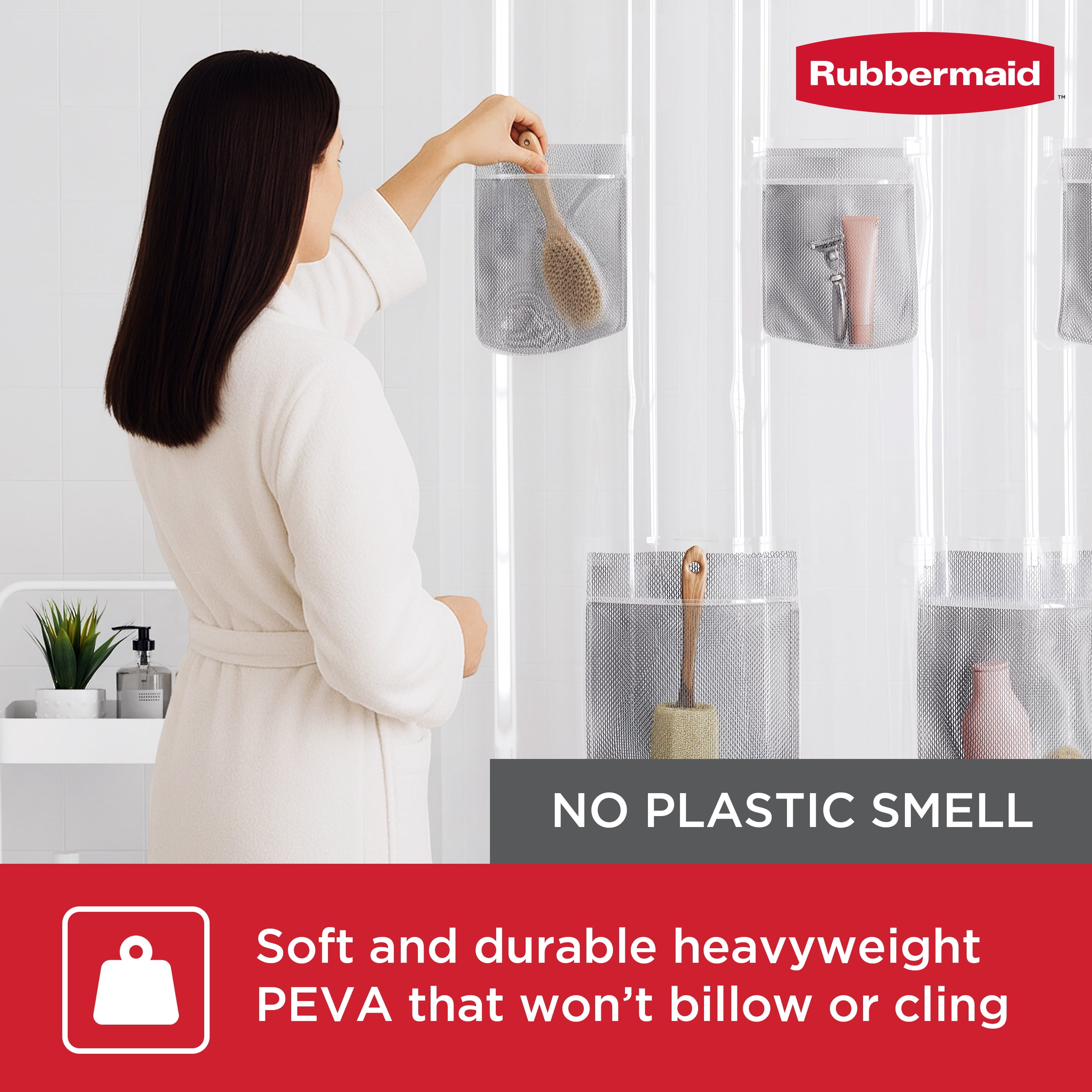 Rubbermaid Clear Heavyweight Waterproof PEVA Shower Curtain Liner with Storage Pockets, BPA-Free, 70 x 72 Inches