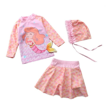 

SILVERCELL Toddler Girls Mermaid Swimsuit Long Sleeve Swim Cap Three-piece Suit Set