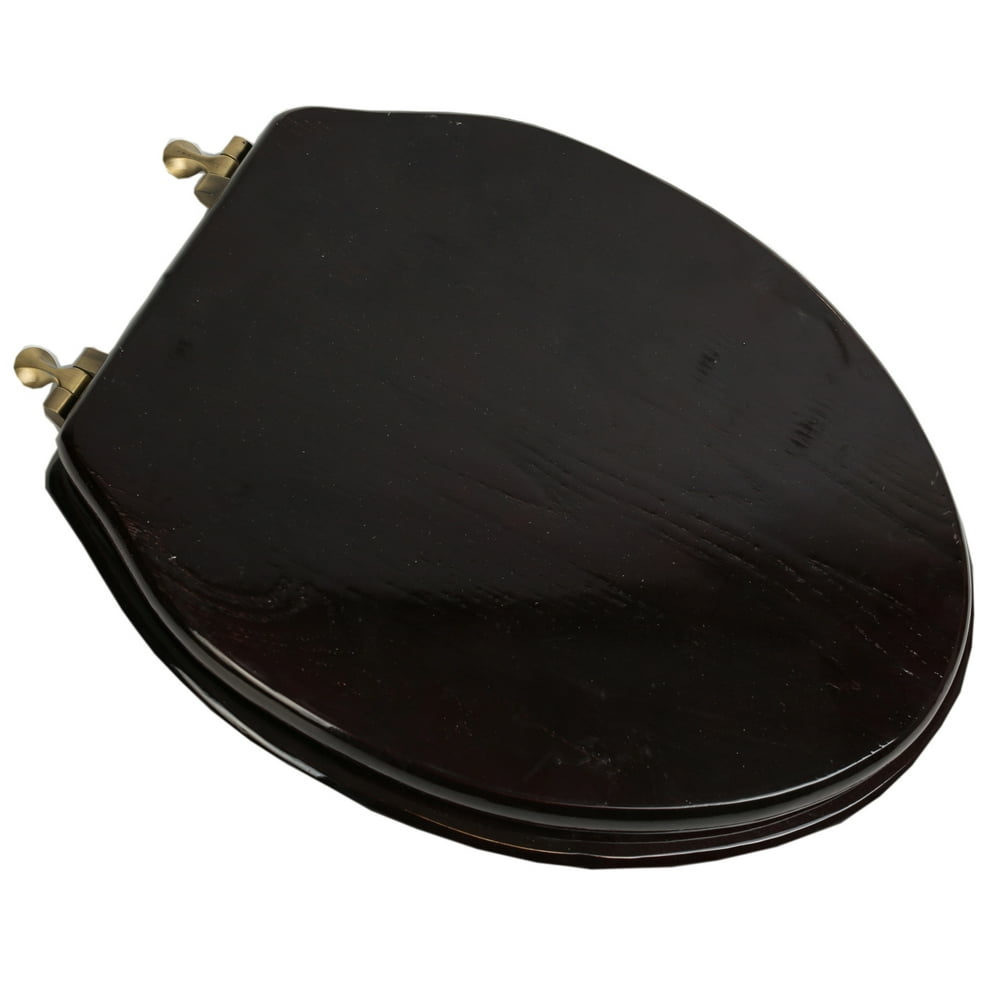 BathDecor Dark Brown Oak Finish Designer Solid Elongated Oak Wood Toilet Seat with Antique Brass