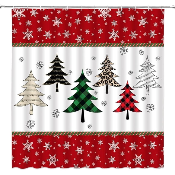 Rideau de Douche Joyeux Noël Carreaux Buffalo Arbres de Noël Flocon de Neige Rouge Vacances d'Hiver Joyeux Nouvel An Festival Décor de Ferme Tissu Rideau de Salle de Bain avec Crochet