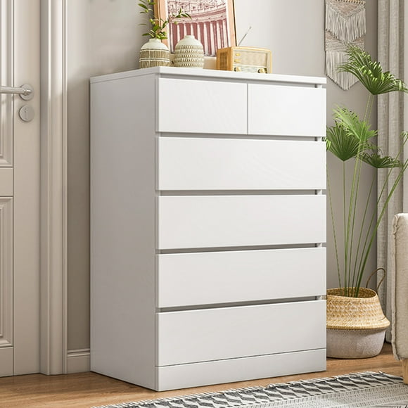 Dresser, White Dresser, Bedroom Dresser & Chests of Drawers, Tall Dresser with 6 Wood Drawers, Large Wood Dresser for Bedroom Closet, White