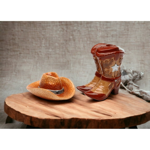 Hand Painted Ceramic Cowboy Hat Boots Salt Pepper Shakers Western