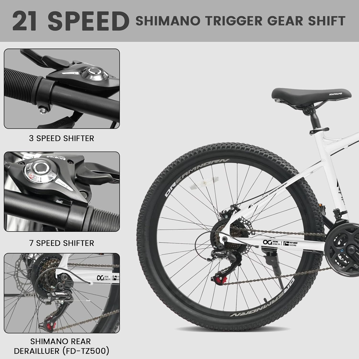 26 Inch Mountain Bike Aluminum Frame, Women Men's 21 Speeds Mountain Bike with Disc Brakes and Front Suspension, Lightweight Sport Teens Bicycle Suitable for 5'2"-6'2" Tall Riders,White