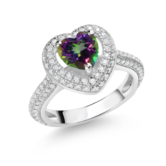 Gem Stone King 925 Sterling Silver Green Mystic Topaz and White Moissanite Heart Shape Ring for Women (1.57 Cttw, Size 9)
