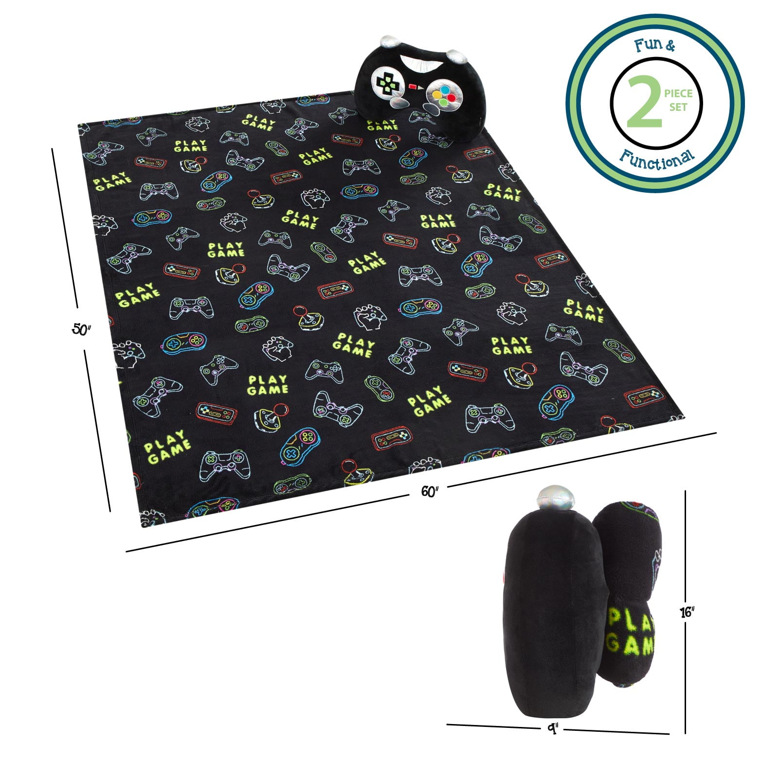 Your Zone Huggable Gamer Pillow and Throw Set, Black, 16 in Pillow, 50 in x 60 in Throw