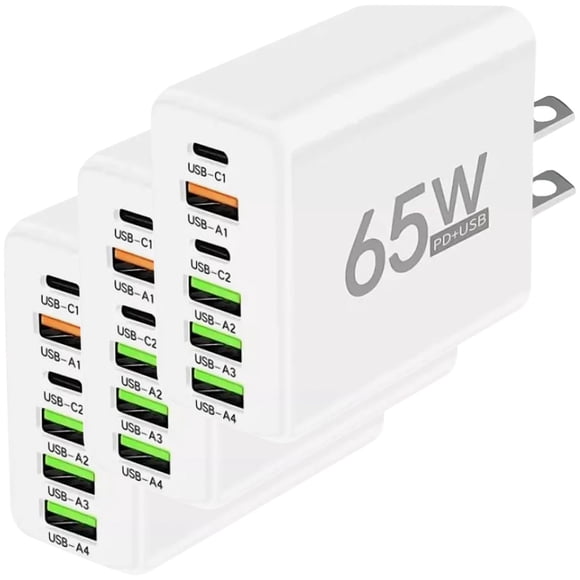Adaptadores de Carga Rápida NexusWhite 3 Pzas 6 Puertos USB 5V 3A Max 65W 100-240V 50-80Hz Blanco.