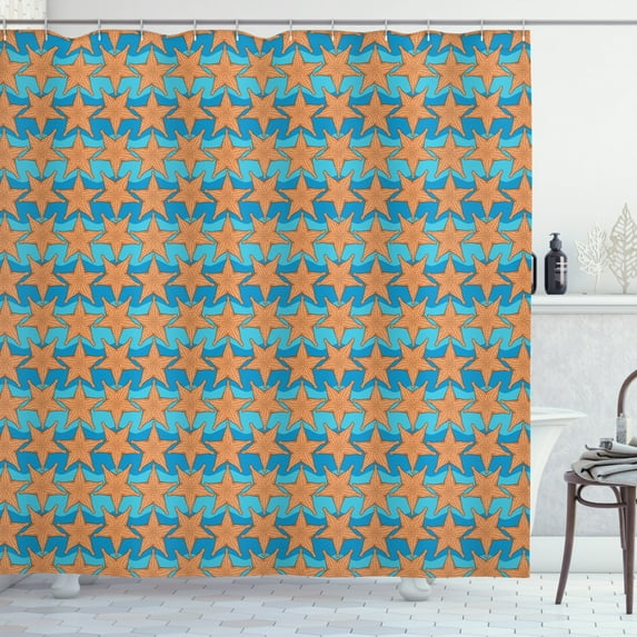 Summer Shower Curtain, Starfish Holiday Underwater Sea Beach Animals Aquatic Marine Print, Fabric Bathroom Set with Hooks, 69W X 84L Inches Extra Long, Burnt Sienna and Violet Blue, by Ambesonne