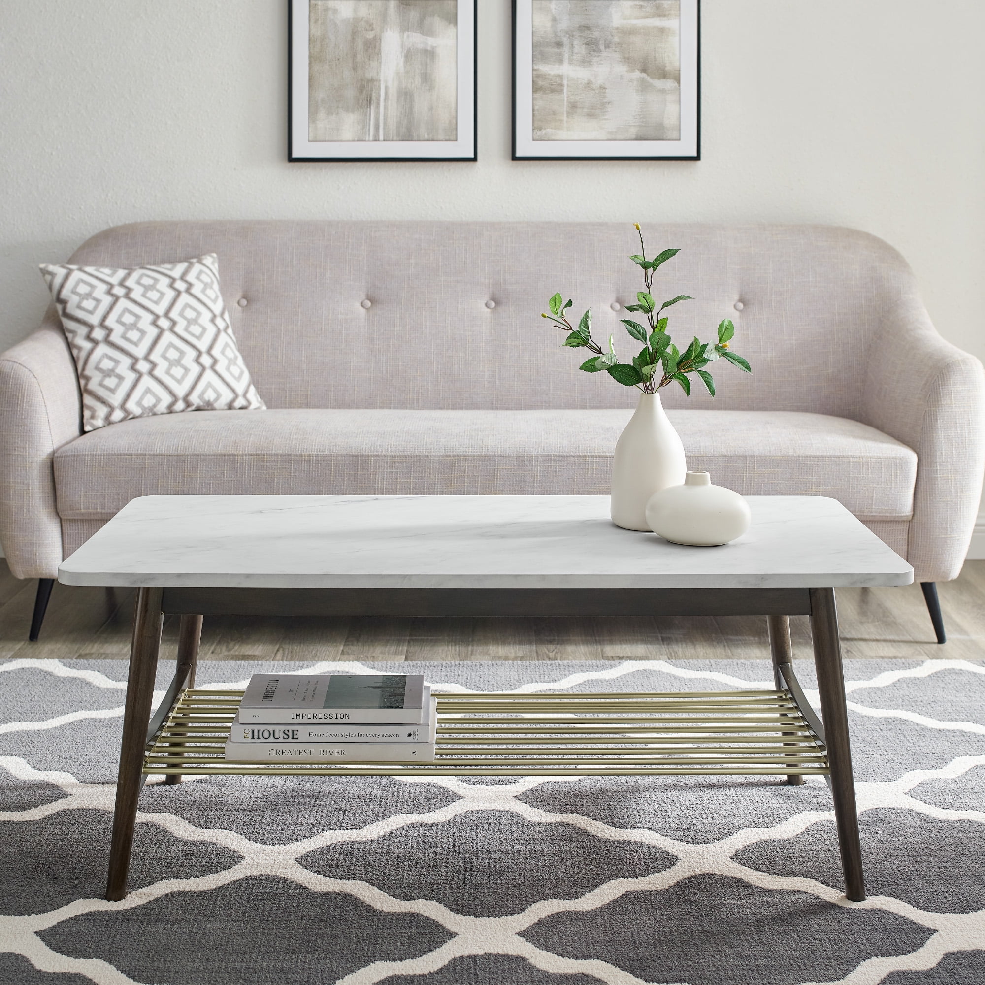 Manor Park Mid Century Coffee Table, Faux White Marble/Dark Brown Oak