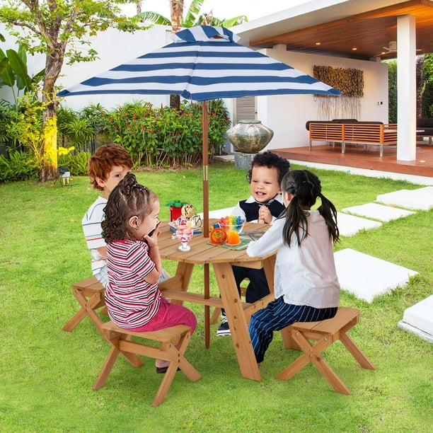 Costway Mesa De Picnic Para Niños, Juego De Mesa Y Silla De Madera Para  Niños Con Sombrilla Ajustable En Altura Para Niños, Muebles De Patio  Trasero