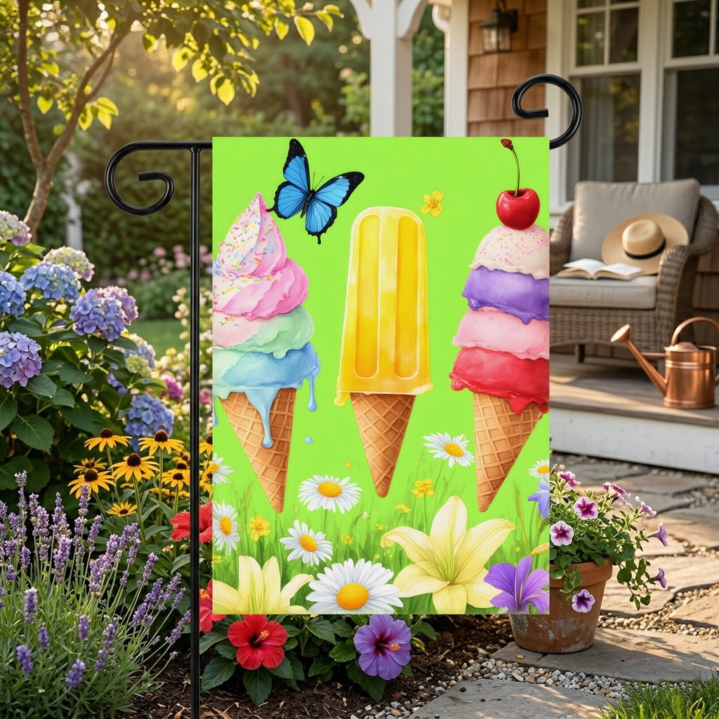 Seasonal Summer Garden Flags A Group of Ice Cream Cones Sitting on Top of a Lush Green Field Decorative Full Size 28x40" Guest Welcome Flag.