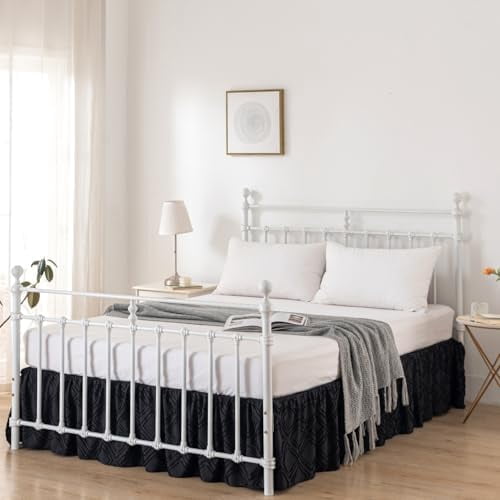 Bed Skirt Full Size, Ruffled Bed Skirt with Split Corners, Full Bed Skirt 14 Inch Drop, Boho Full Size Bed Skirting, Black, 14" Full