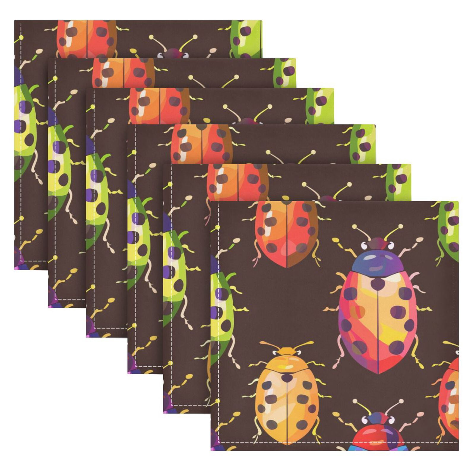JSTEL Rainbow Lady Bug Cloth Napkins Set of 6, 20x20 Inch Washable and Reusable Napkin for Decoupage Dinner Party Everyday Use