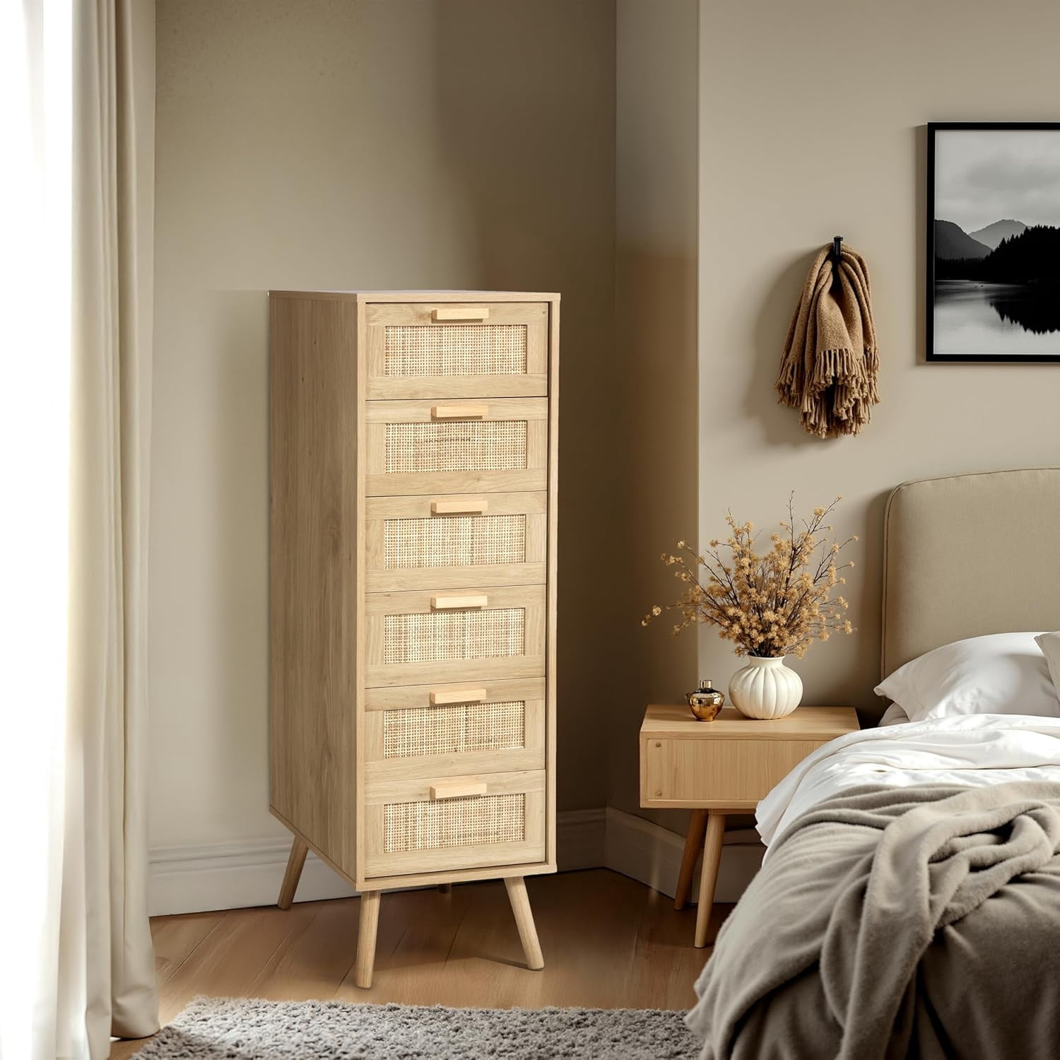 Finnhomy Rattan Tall Dresser with 6 Drawers, Natural