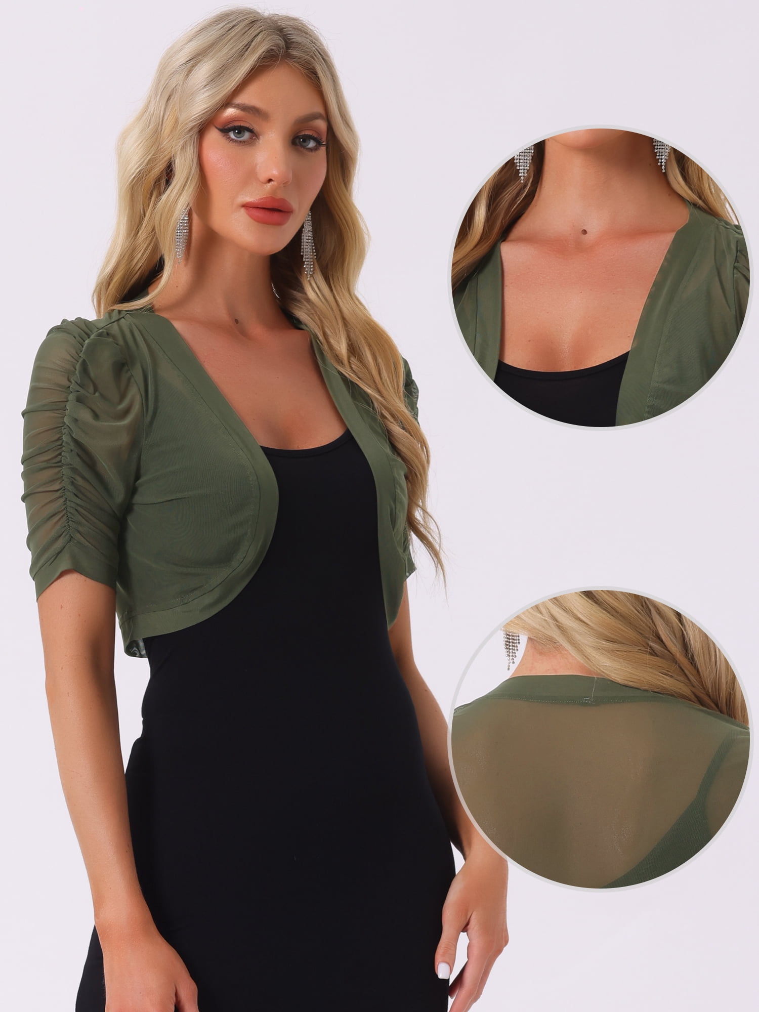 DARING DIVA Women's Mesh Sheer Shrug Cropped Cardigan Bolero L Army Green
