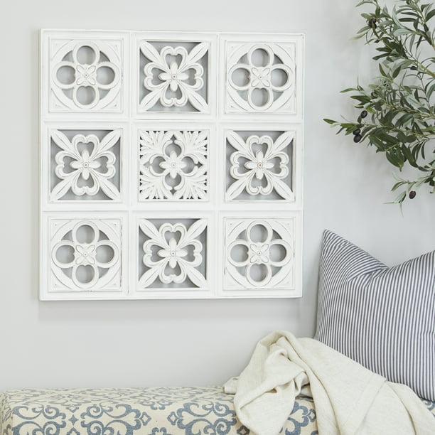DecMode White Wood Carved Floral Wall Decor - Walmart.com