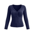 thumbnail image 3 of Fengqque Women’s Henley V Neck Long Sleeve Casual Top, Ruched Front Button Detail Slim Fitted long sleeve tee , Soft Stretchy Basic Top for Fall Winter Blue, 3 of 9
