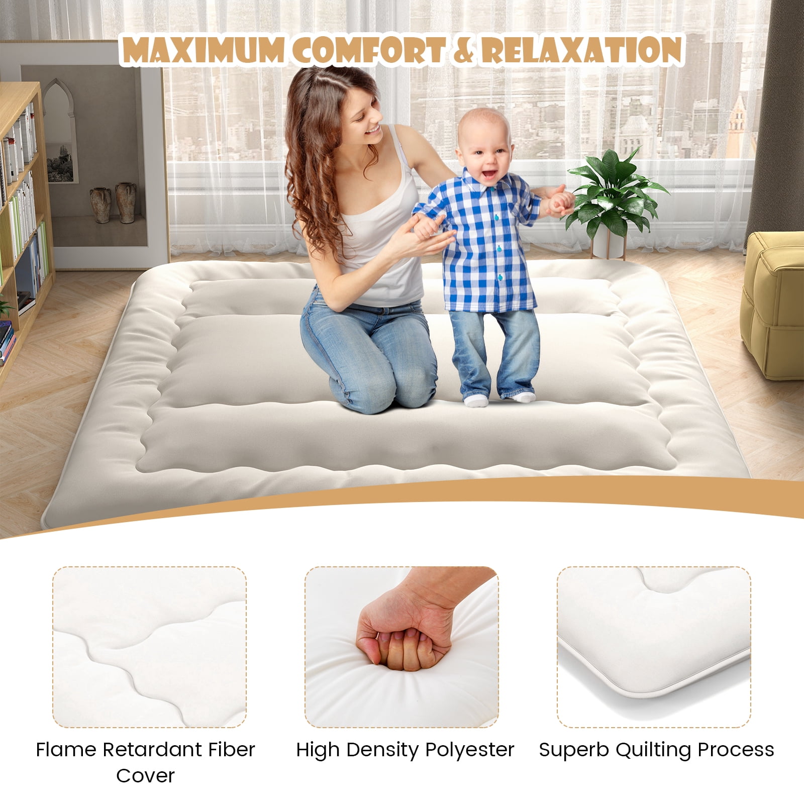 Costway King Futon Mattress Japanese Floor Sleeping Pad Washable Cover Carry Bag Beige
