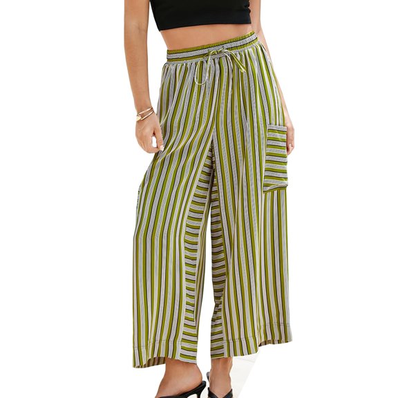 RYRJJ Womens Drawstring Striped Pants Wide Leg Lounge Trousers Comfy Loose Casual High Waisted Palazzo Pants with Pockets(Green,M)