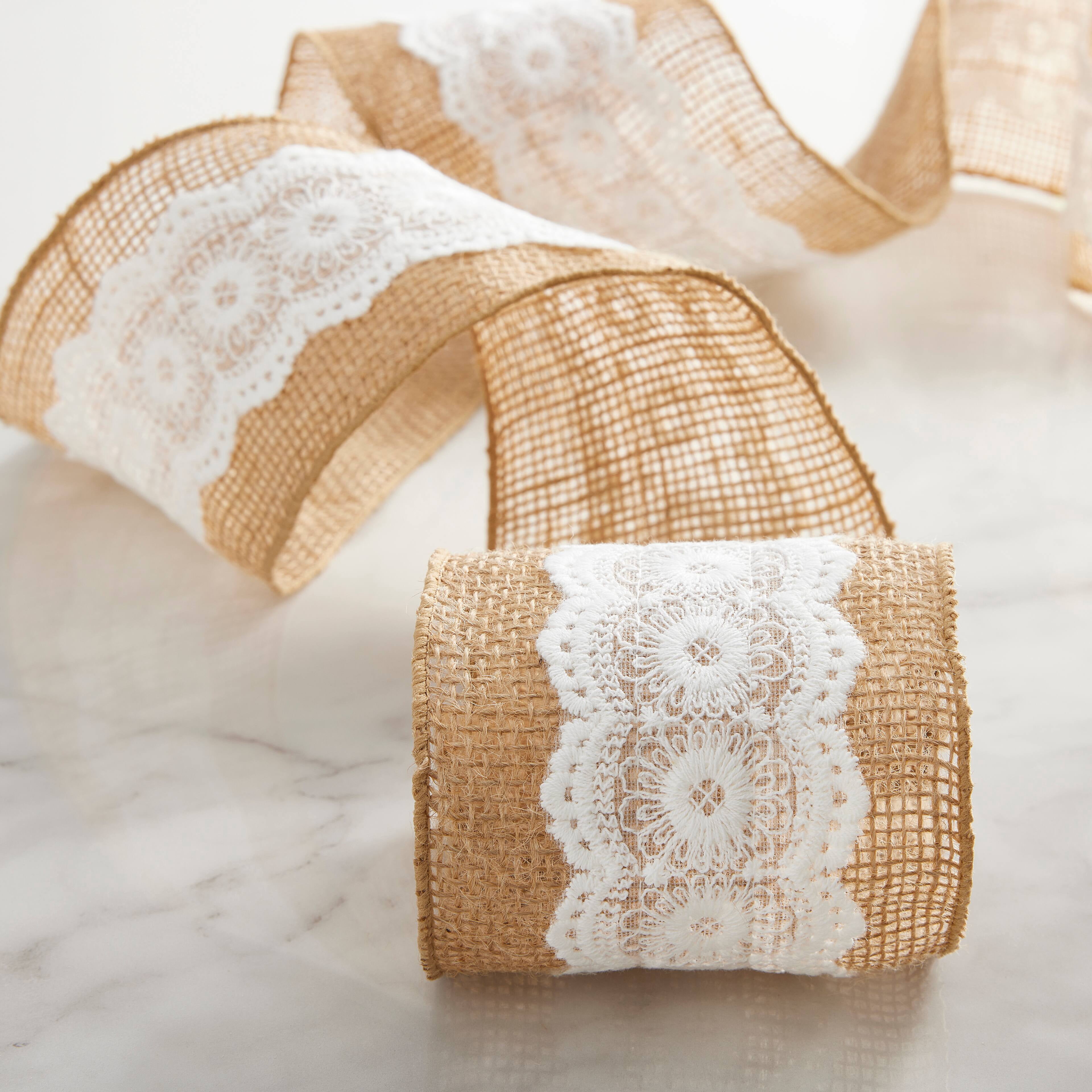 Celebrate It 3.5" x 2yd Natural Lace Burlap Ribbon - Rustic Jute with White Lace Trim, Non-Wired, Ideal for Crafts & Decor Accents, 12 Pack