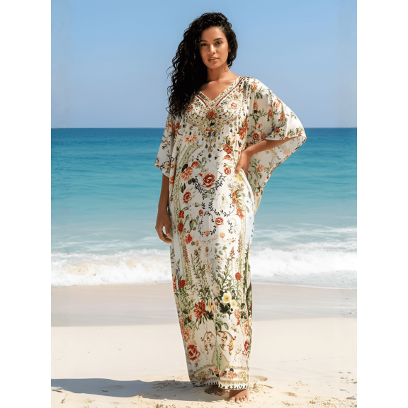 Oussum Women Plus Size Satin V-Neck Kaftan Maxi Dress Beach Cover Up​ Fits Up To 1X-3X