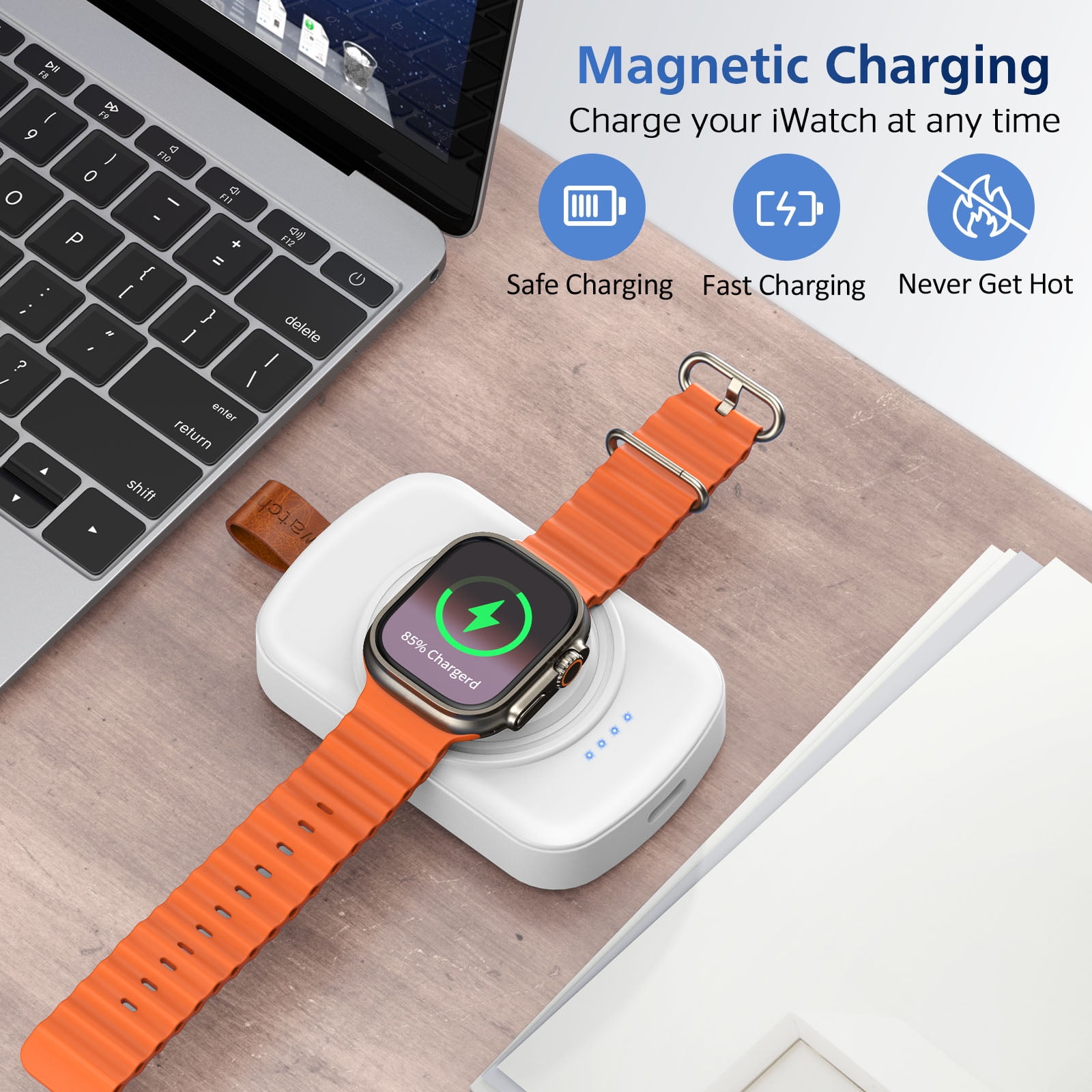 MYXON 1800mAh Portable Wireless Watch Charger for Apple Watch, Keychain Design, Type-C Cable, USB Powered