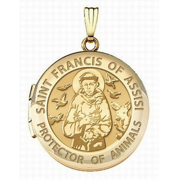 Solid 14k Yellow Gold Round "St Francis - Animal Protector" Picture Locket - over 3/4 Inch X 3/4 in