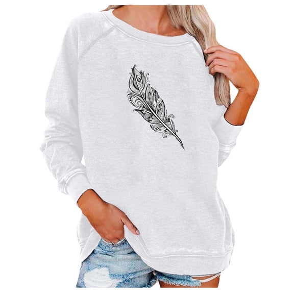 Babysbule Womens Hoodless Sweatshirt Fashion Women Print Sleeve Comfortable Breathable Round-Neck Sweatshirt
