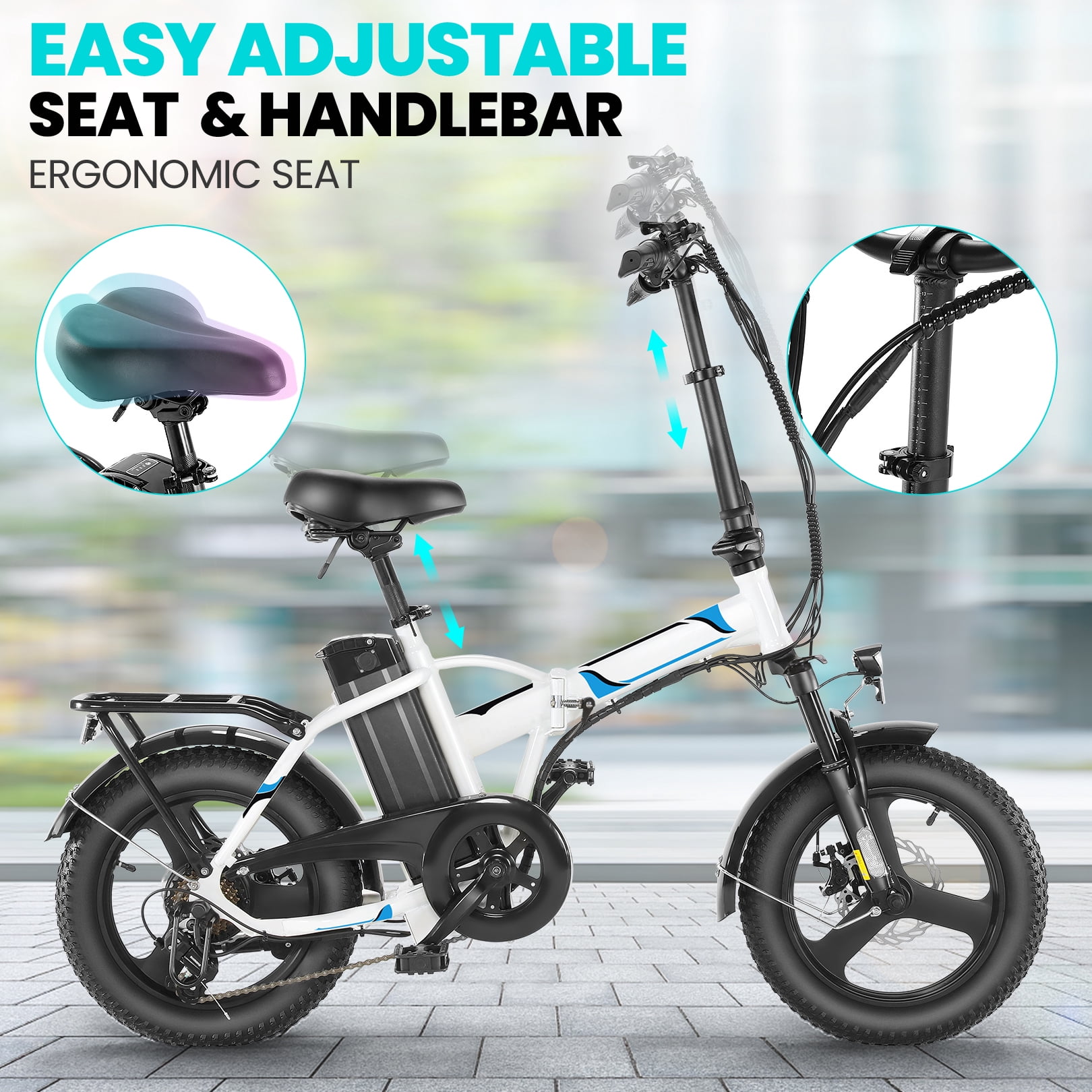 Elifine 16" x 3.0 One-Piece Fat Tire Foldable Electric Bicycle,Peak 700W Electric Bike for Adults Women,48V 374.4Wh Removable Battery Ebikes, 20MPH Commuter E Bike for Teenager UL 2849
