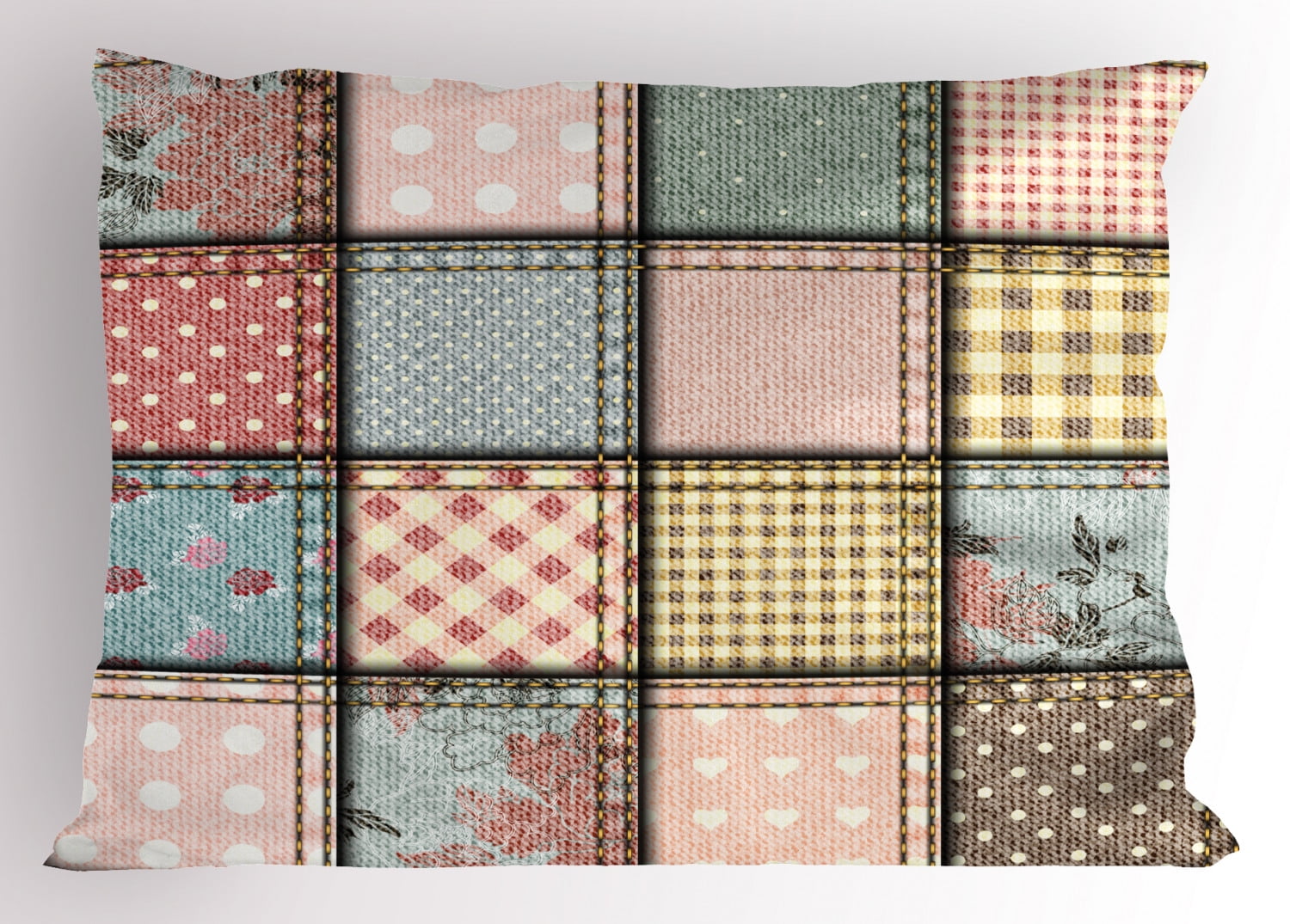 Shabby Chic Pillow Sham Patchwork Denim Seem Fabric Pieces with Stitches Square Tile Digital Print, Decorative Standard Queen Size Printed Pillowcase, 30 X 20 Inches, Multicolor, by Ambesonne