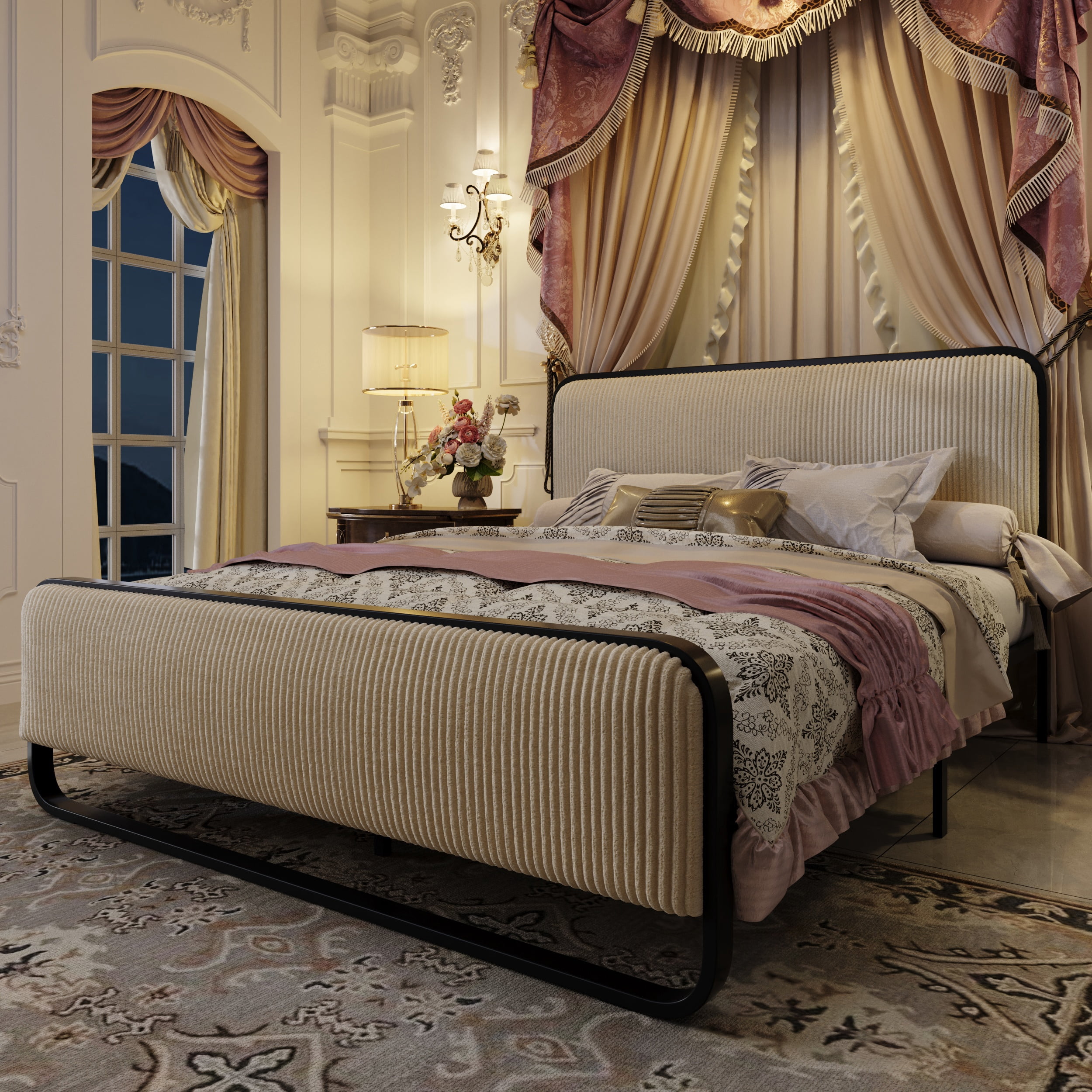 Einfach Queen Bed Frame, Upholstered Platform Bed with Velvet Curved Headboard and Footboard, No Box Spring Needed, 1000 LBS Capacity, Cream White
