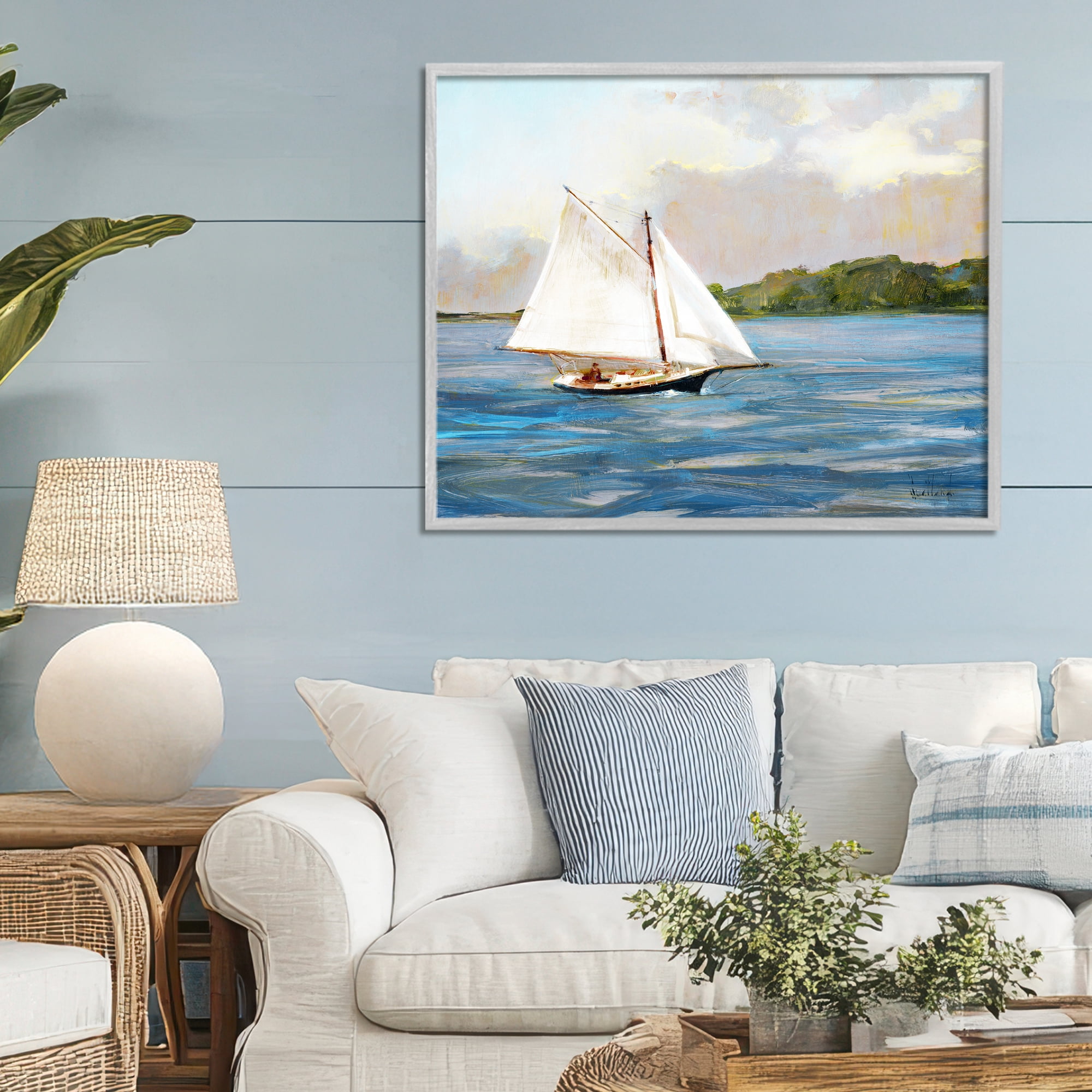 Stupell Industries White Sailboat on Calm Blue Sea Gray Framed Giclee Art, design by Katie Swatland