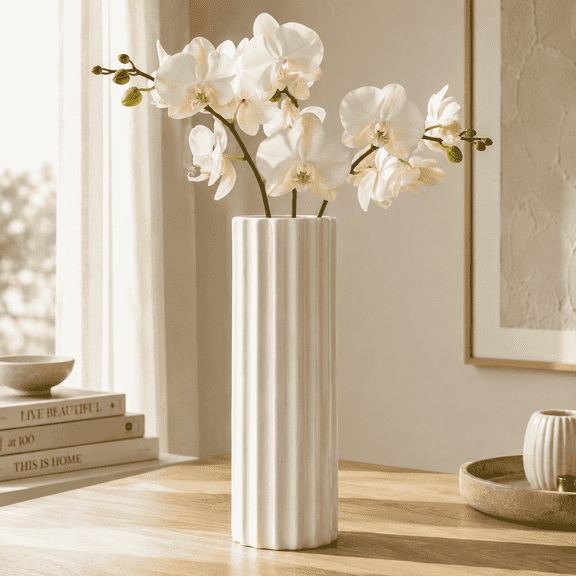 White Ribbed Ceramic Vase 8.8 in for Flowers and Home Decor NOVATRAX