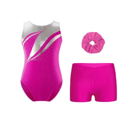 iiniim Kids Girls Sleeveless Rhinestones Gymnastics Leotards with Athletic Shorts and Hair Tie Figure Ice Skating Hot Pink 12