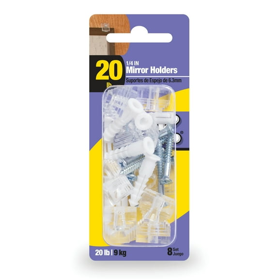 Ook Mirror Holders for 1/4" Depth, 20 lbs, Acrylic, Clear, Clear, 8 pack