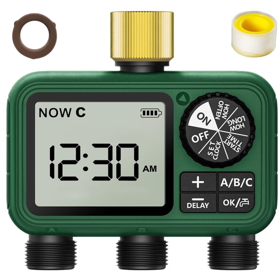 Water Timer with 3 Outlet for Garden and Lawn– Programmable Irrigation Systems with Rain Delay, Manual/Automatic Modes, Low Battery Warning