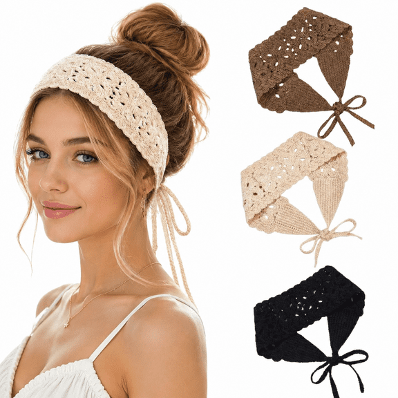 3-Piece Boho Headbands for Women - Multicolor Hand Knitted Crochet Hair Bandana Scarf Headband, Tie Back Adjustable Style for Daily, Beach, and Party Looks