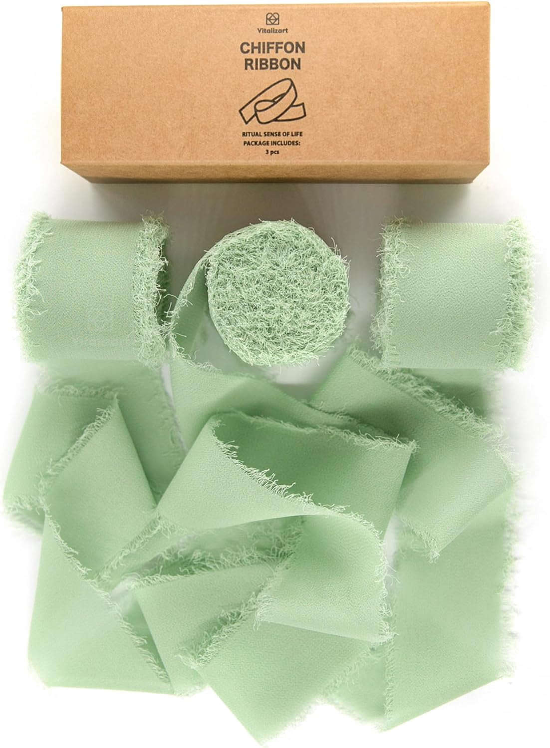 Ruban Cadeau Vert Mousseline De Soie Sauge 6m X 4cm - Lot 3 Rubans Pour Mariage Et Décoration