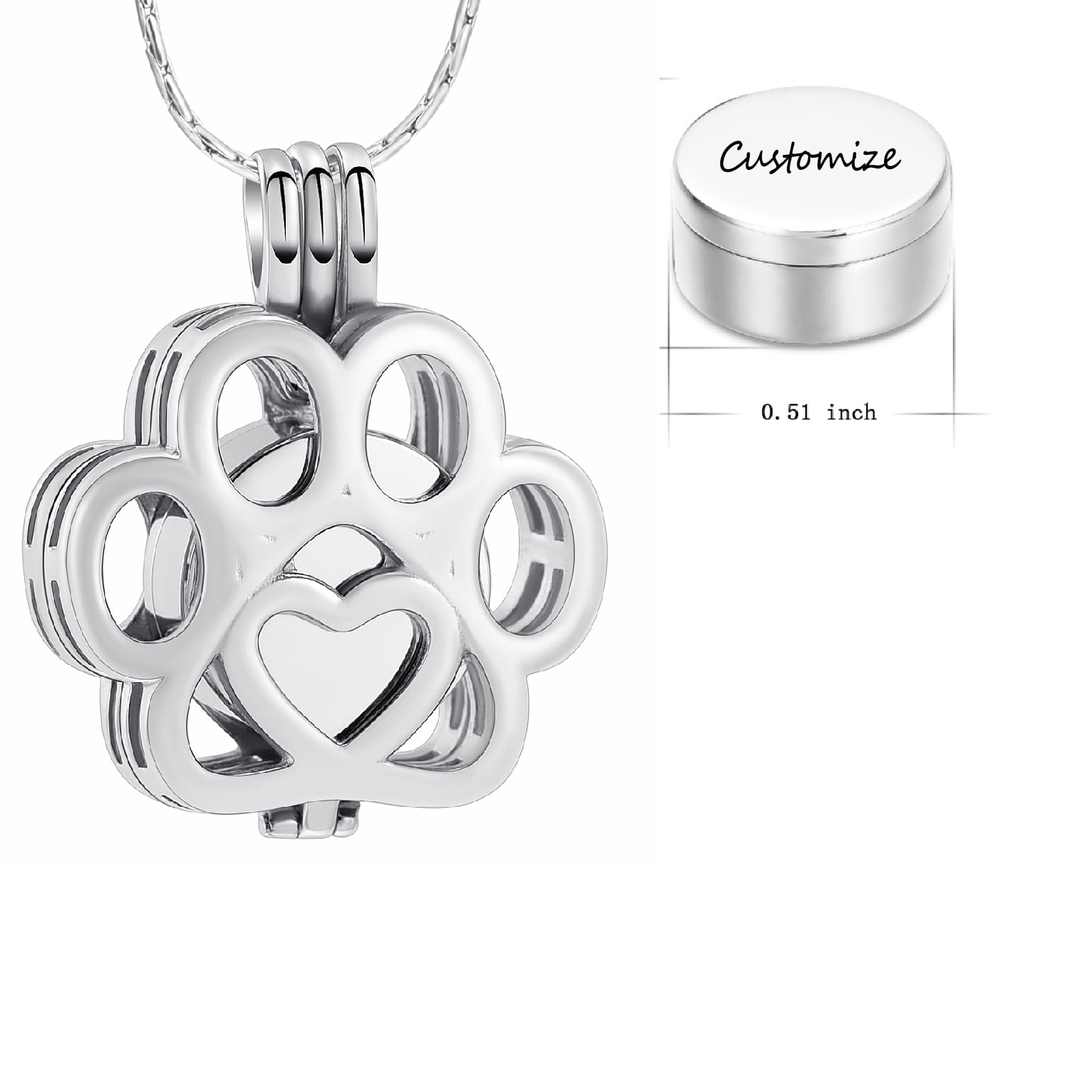 Personalize Stainless Steel Paw Print Urn Pendant Pet Memory Necklace for Dog Cat Cremation Ashes Keepsake Memorial Jewelry