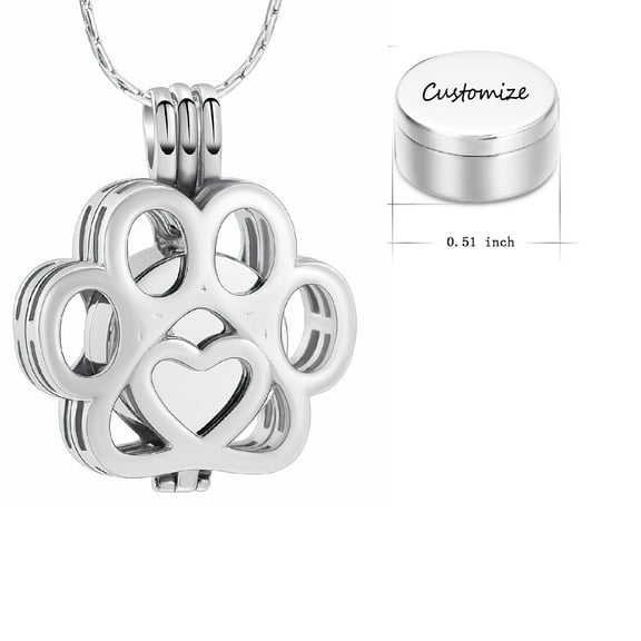 Personalize Stainless Steel Paw Print Urn Pendant Pet Memory Necklace for Dog Cat Cremation Ashes Keepsake Memorial Jewelry
