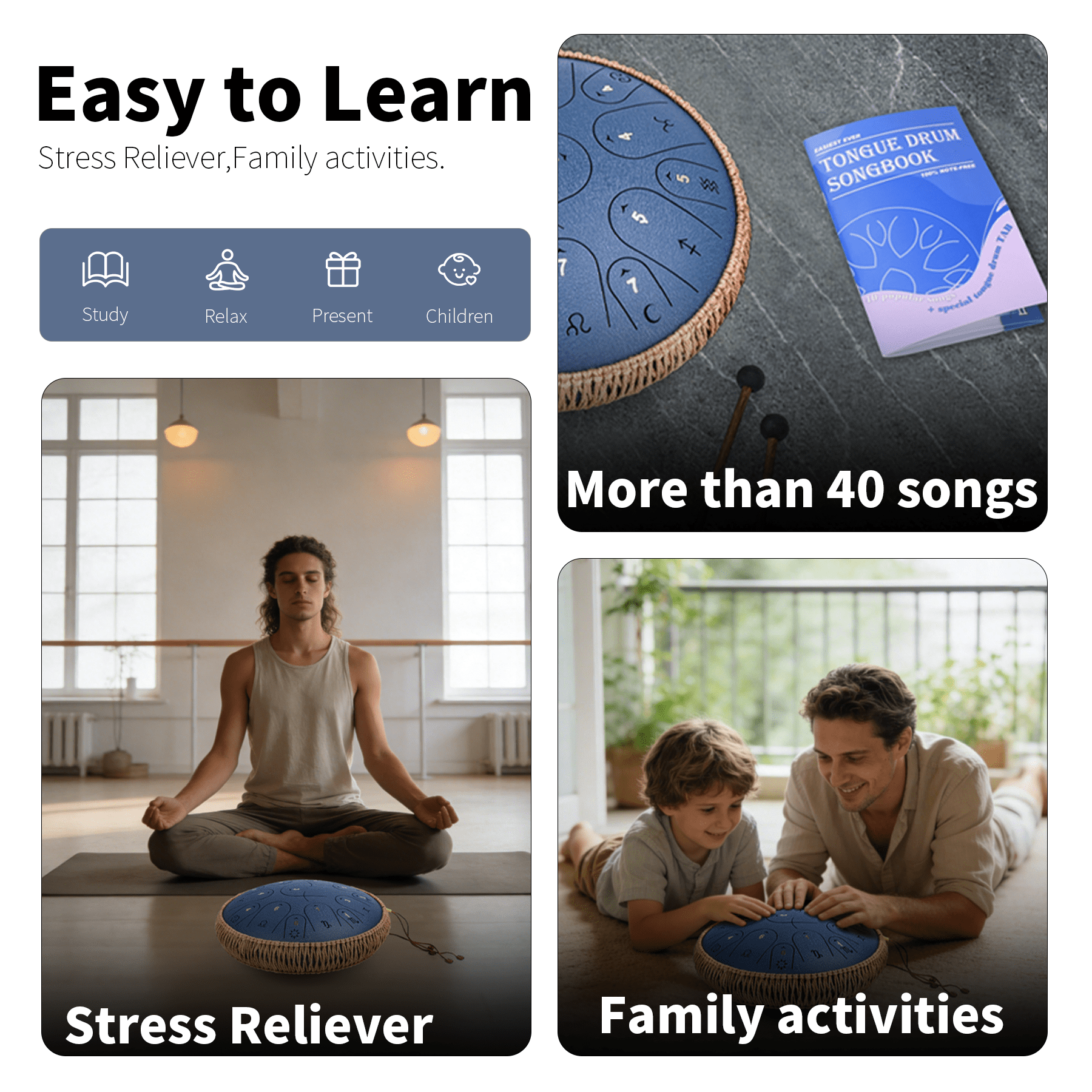Steel Tongue Drum,13 Inches 15 Notes Handpan Drum, C Major Tongue Drum for Adults and Children 432hz with Hand Pan Drum Music Book, Mallets and Carry Bag(Navyblue)
