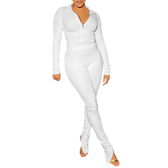 Sunloudy 2 Pieces Women Spring Fall Outfits Solid Color Stand Collar Zipper-Up Long Sleeve Crop Coat + Long Pants Set