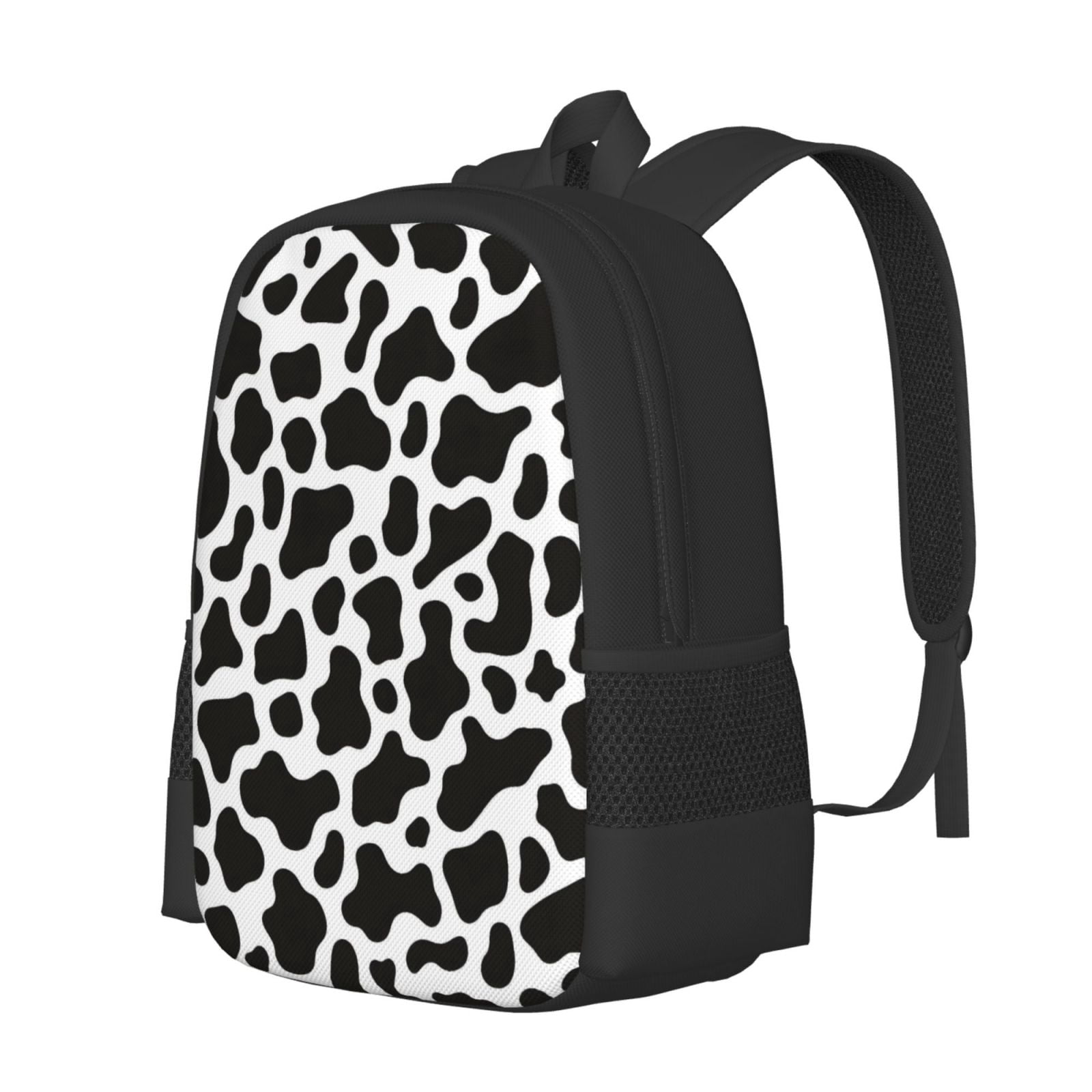 Large Capacity Backpack 16.5×12.5×5.5in Widened Shoulder Strap Design Main Bag Large Top Handle Belt Adjustable Shoulder Strap Black White Cow Print