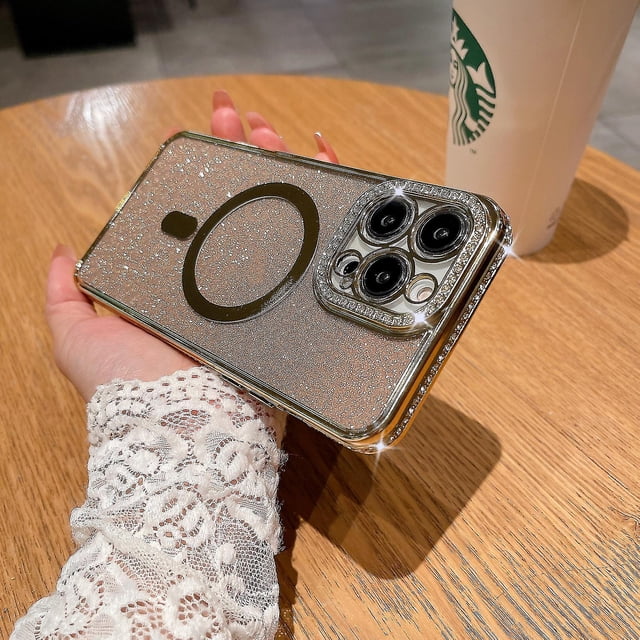 Exquisita funda con purpurina y diamantes de imitación para iPhone 14 Pro, compatible con carga magnética, antideslizante, a prueba de golpes, protección para cámara y antiarañazos.
