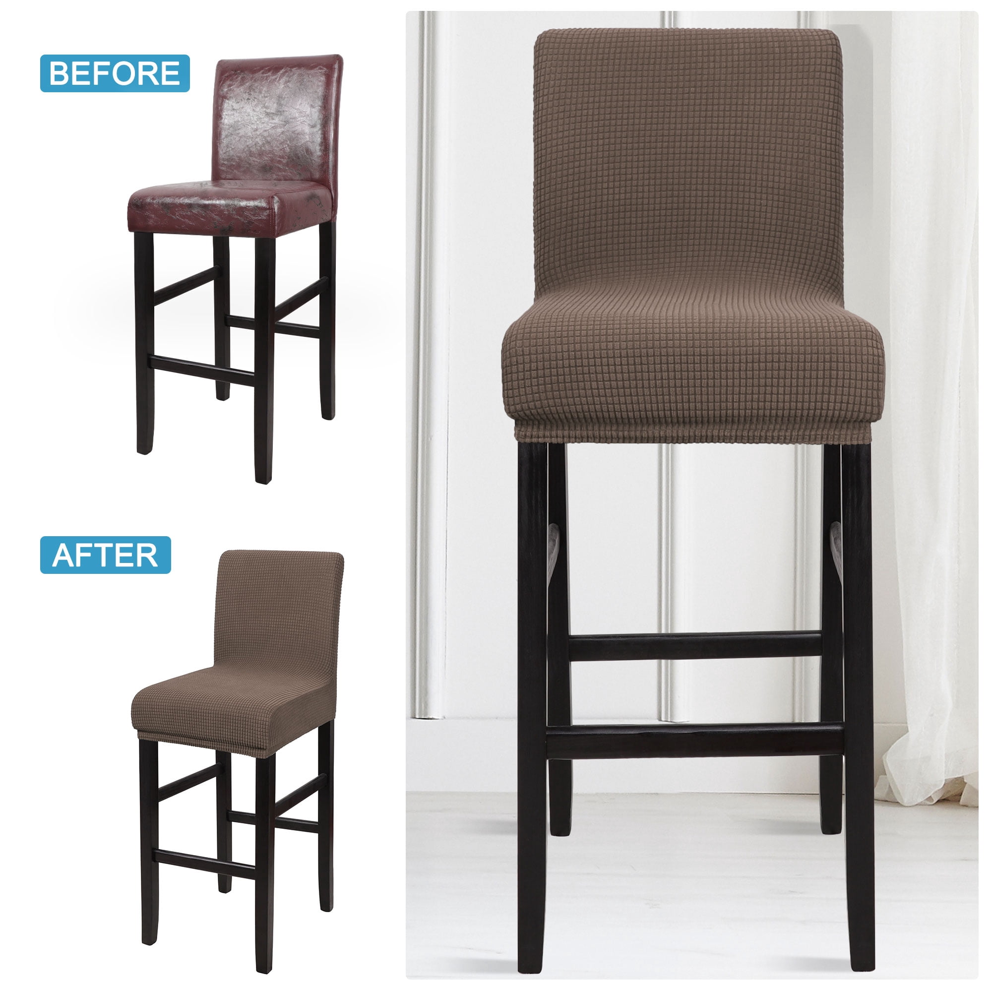 Unique Bargains Polyester Stretch Bar Stool Covers Elastic Band Mid Back Chair Slipcover Light Brown 1 Pc