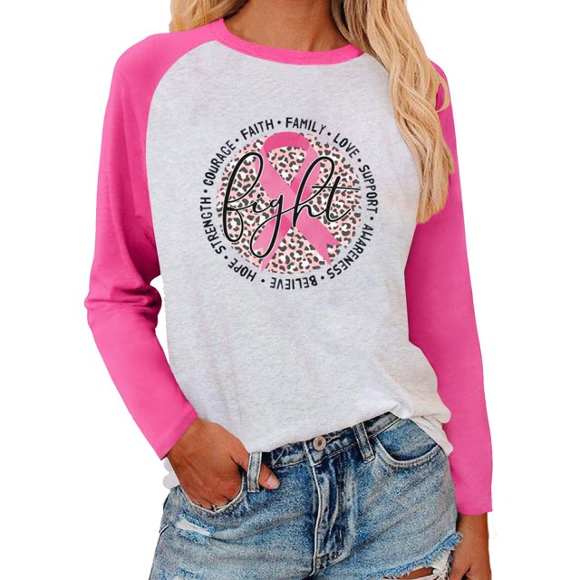 TINZ T-Shirt de Sensibilisation au Cancer Manches Longues avec Ruban de Soutien T-Shirt d'Automne Raglan Manches Courtes Athlétique Hauts pour Femmes Manches Longues Course