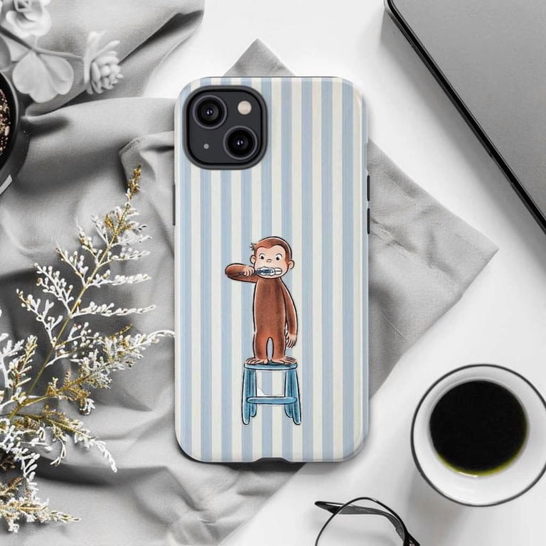 Curious Monkey Brushing Teeth Phone Case, Cute Monkey on Blue Striped  Background, Protective Phone Cover for iPhone 16 15 14 13 12 11 Pro Max  Mini - Walmart.com