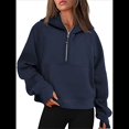 thumbnail image 4 of Sudadera con Capucha para Mujer, de Larga, Corta, con Media Cremallera y Bolsillos con Orificio para el Pulgar. Azul Marino M, 4 of 6