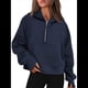 thumbnail image 4 of Sudadera con Capucha para Mujer, de Larga, Corta, con Media Cremallera y Bolsillos con Orificio para el Pulgar. Azul Marino M, 4 of 6