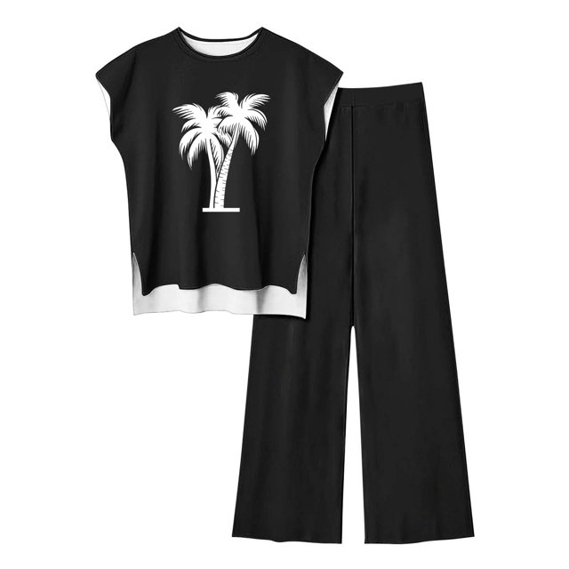 Pantalones Casuales sin Mangas Impresos con Cuello Redondo Conjunto Superior, Pantalones Ligeros Mujeres para Primavera Verano