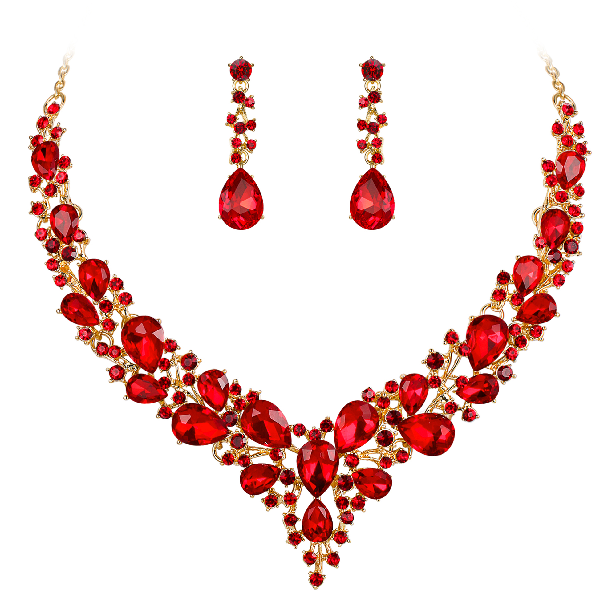 Wedure Wedding Bridal Necklace Earrings Jewelry Set for Women, Austrian Crystal Teardrop Cluster Statement Necklace Dangle Earrings Set Ruby Color Gold-Tone - image 5 of 5